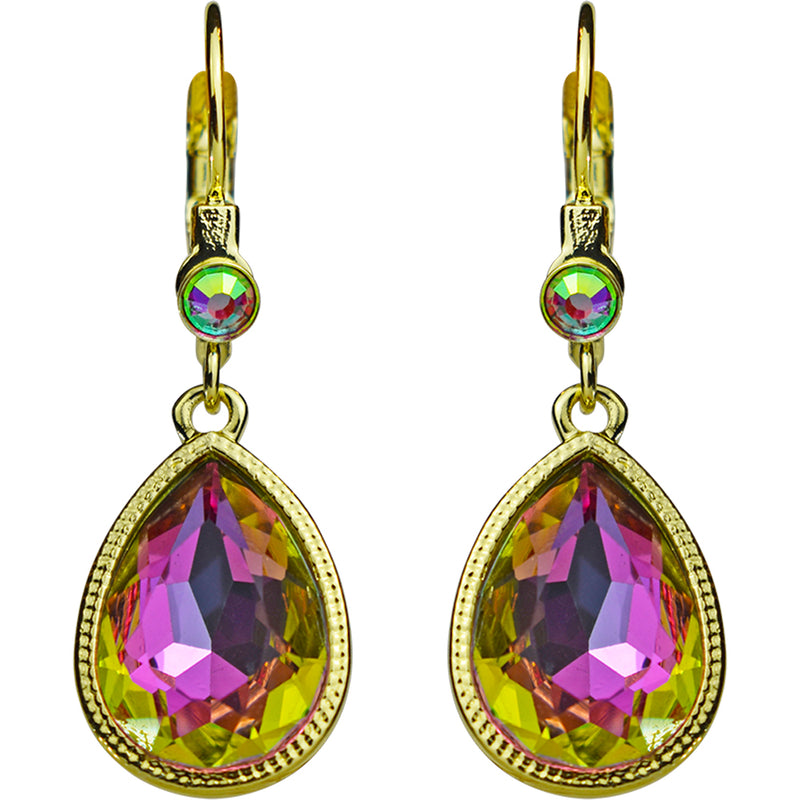 Crystal Mystic Teardrop Leverback Earrings (Goldtone/Iridis Pink)