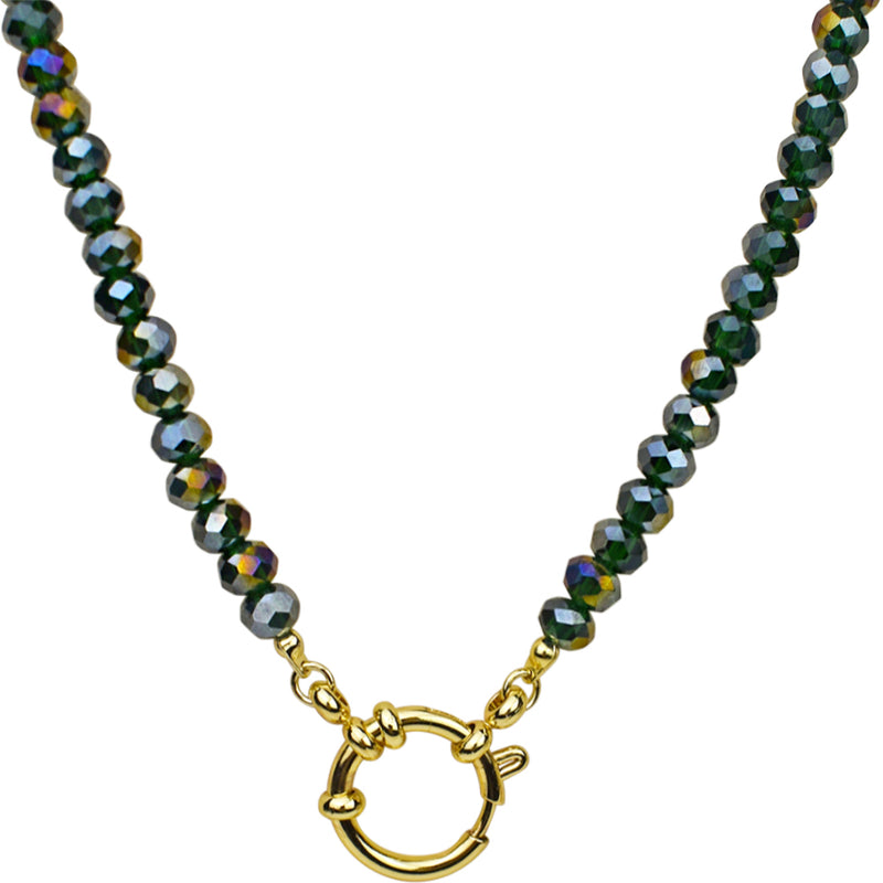 Crystalized 6mm Beaded Sailor Clasp 30" Charm Necklace (Goldtone/Green Iris)