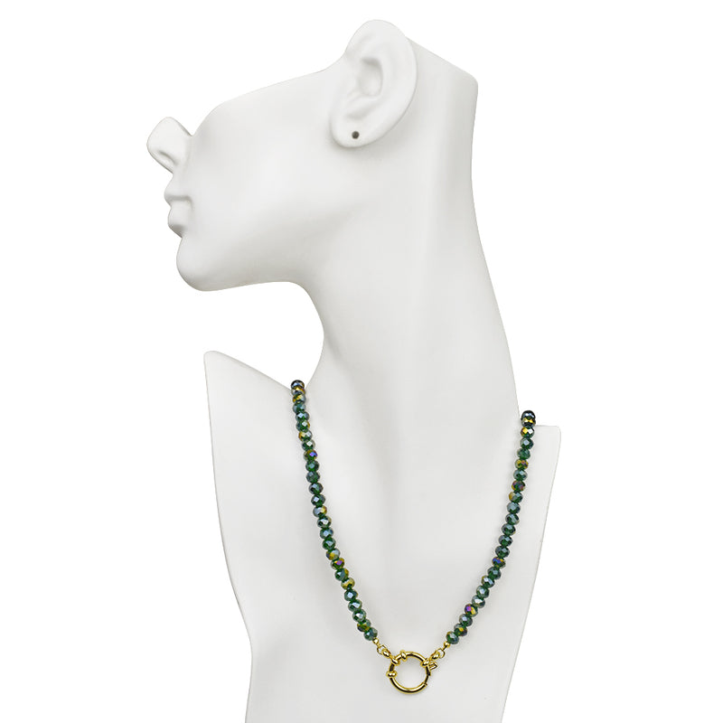 Crystalized 6mm Beaded Sailor Clasp 30" Charm Necklace (Goldtone/Green Iris)