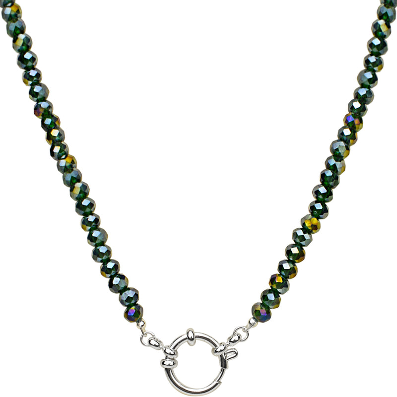 Crystalized 6mm Beaded Sailor Clasp 30" Charm Necklace (Sterling Silvertone/Green Iris)