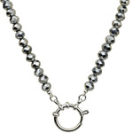 Crystalized 6mm Beaded Sailor Clasp 30" Charm Necklace (Sterling Silvertone/Light Hematite)