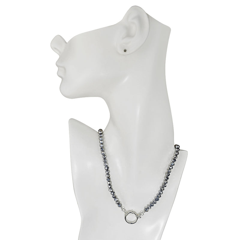 Crystalized 6mm Beaded Sailor Clasp 18" Charm Necklace (Sterling Silvertone/Light Hematite)