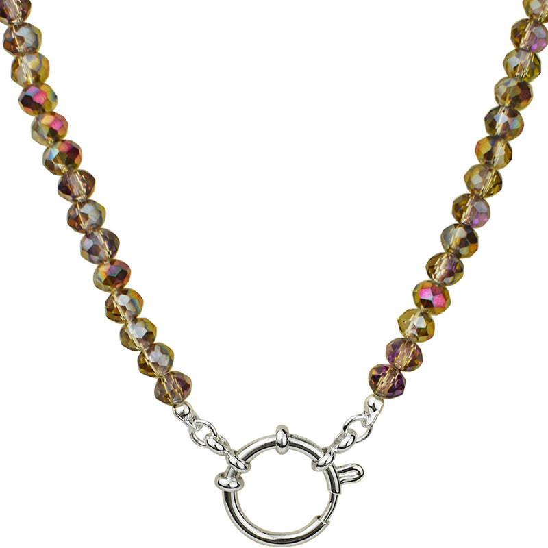 Crystalized 6mm Beaded Sailor Clasp 30" Charm Necklace (Sterling Silvertone/Mystic Iridis)