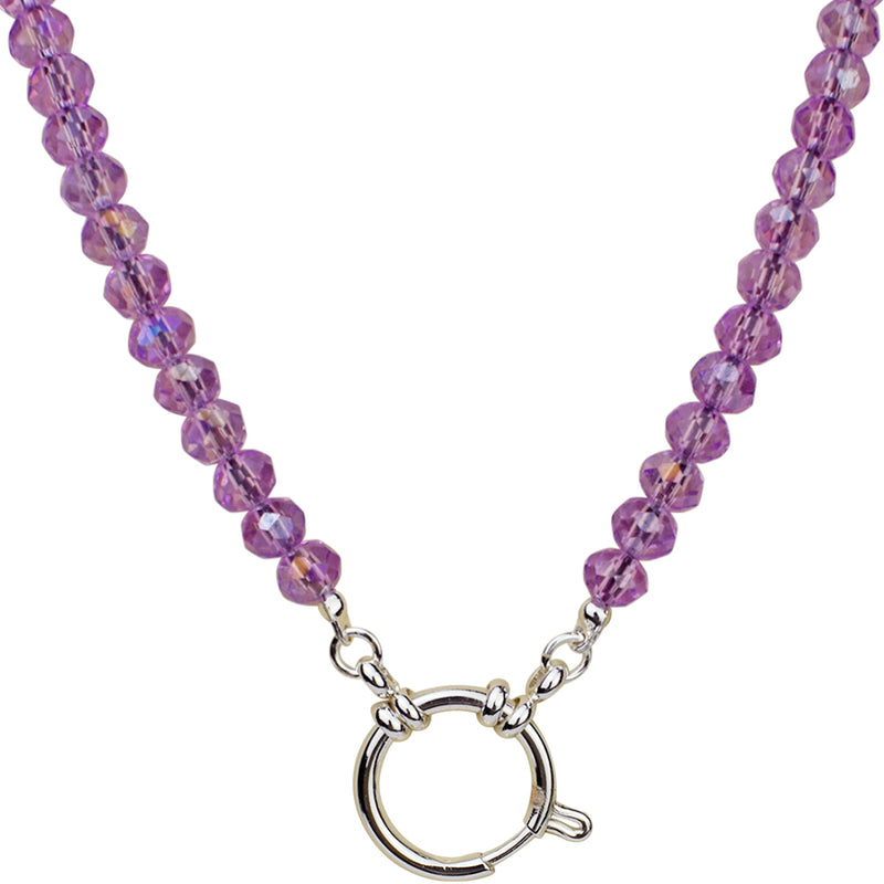 Crystalized 6mm Beaded Sailor Clasp 18" Charm Necklace (Sterling Silvertone/Violet)