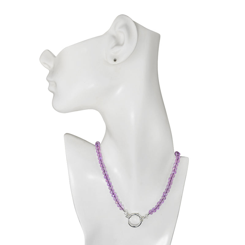 Crystalized 6mm Beaded Sailor Clasp 30" Charm Necklace (Sterling Silvertone/Violet)