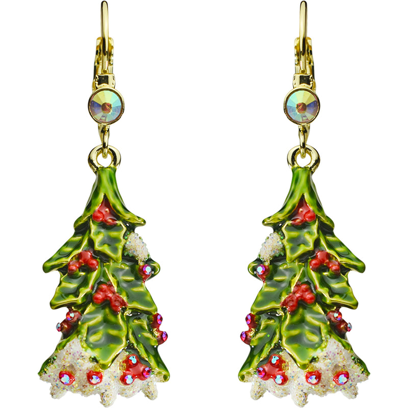 Holiday Holly Berry Tree Leverback Earrings (Goldtone)