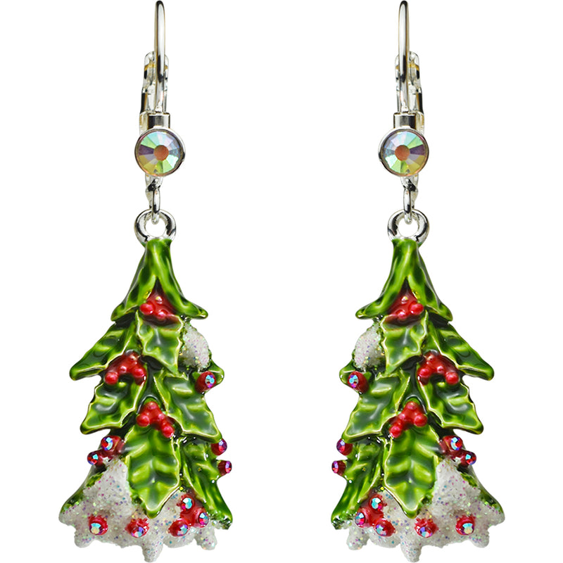 Holiday Holly Berry Tree Leverback Earrings (Sterling Silvertone)