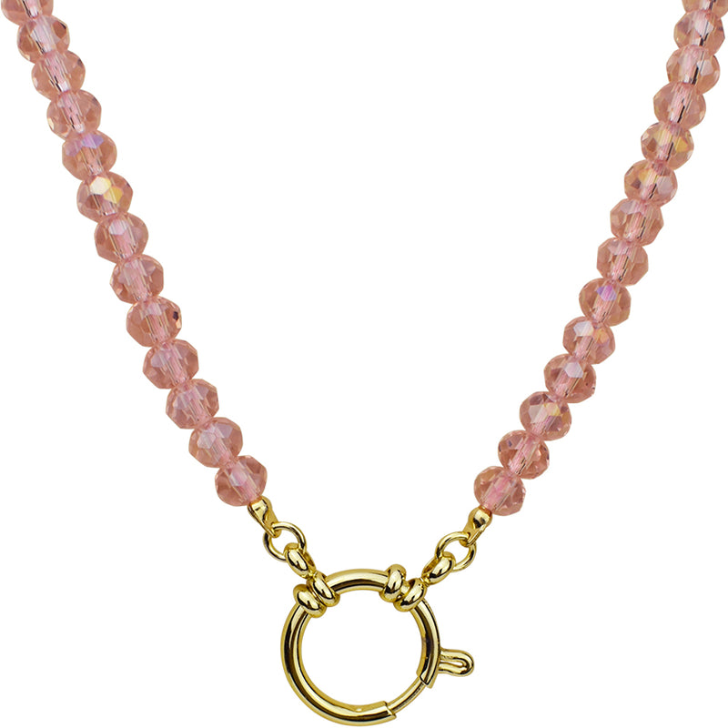 Crystalized 6mm Beaded Sailor Clasp 18" Charm Necklace (Goldtone/Pixie Pink)