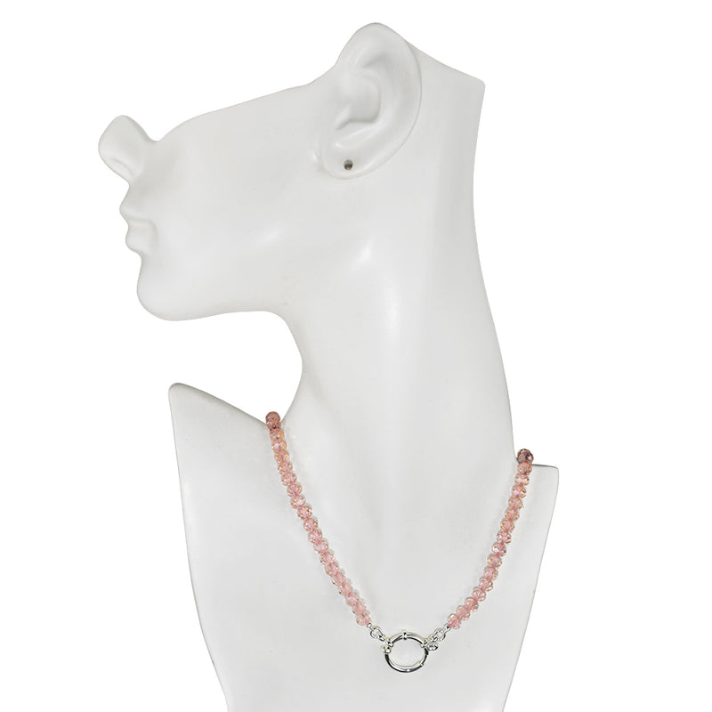 Crystalized 6mm Beaded Sailor Clasp 18" Charm Necklace (Sterling Silvertone/Pixie Pink)