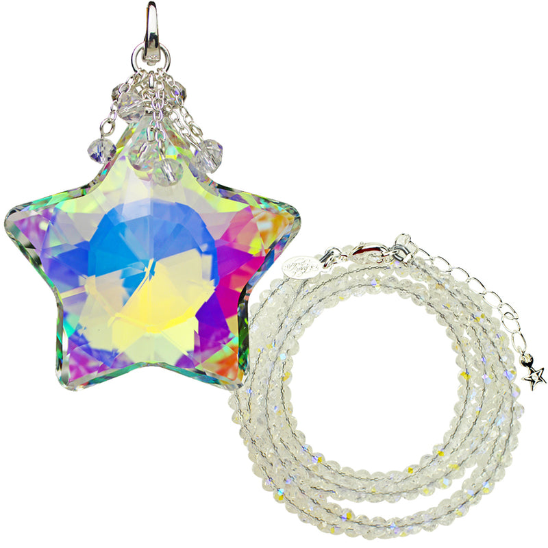 Super Star Crystal Open Ring Charm With FREE Shimmer Bead 32" Necklace (Sterling Silvertone/Crystal AB))
