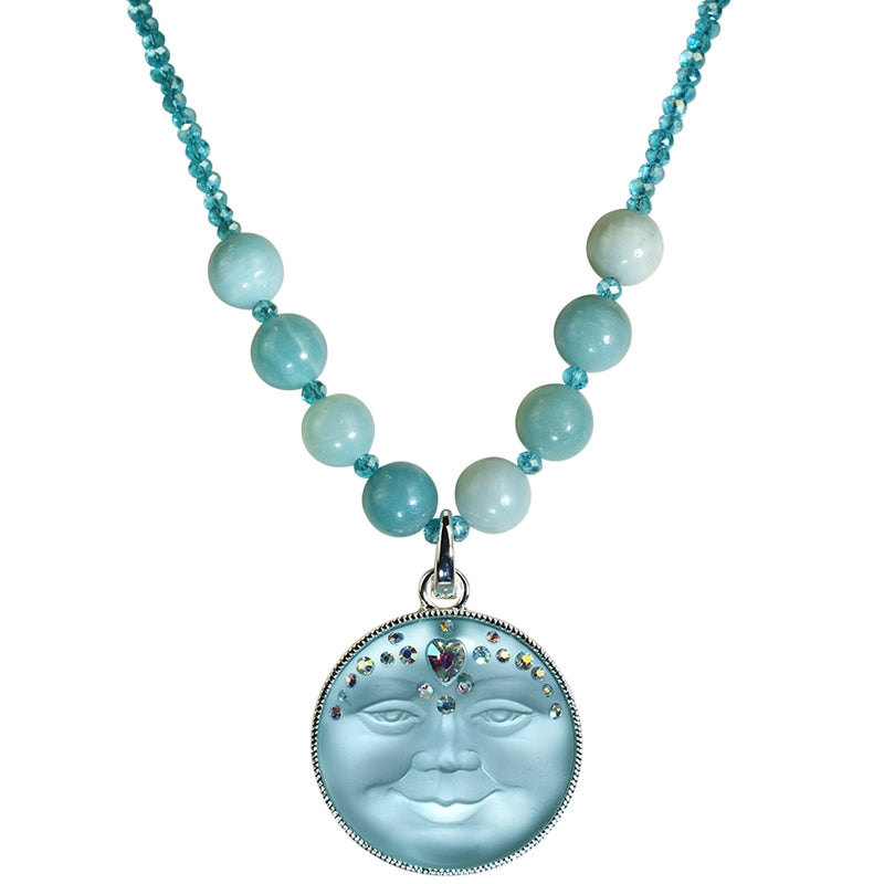 Sweetheart Seaview Moon Amazonite Crystal Necklace (Sterling Silvertone/Aqua)