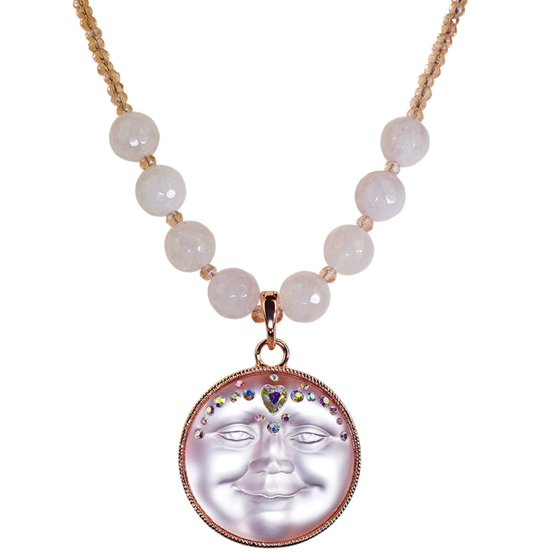 Sweetheart Seaview Moon Rose Quartz Crystal Necklace (Rose Goldtone/Pixie Pink)
