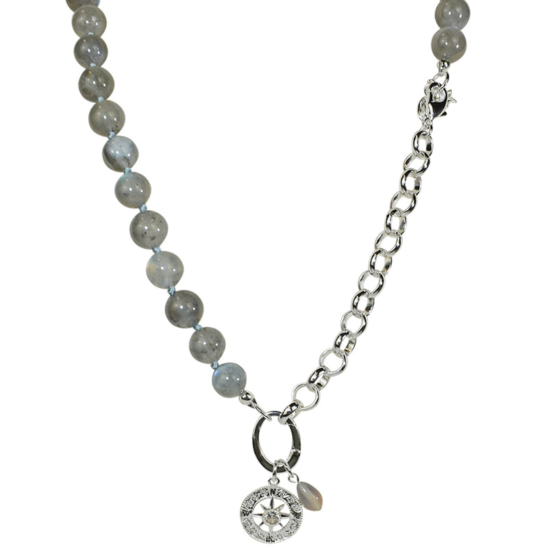 Home Compass Rose 10mm Grey Moonstone Add A Charm Necklace (Sterling Silvertone/Grey Moonstone)
