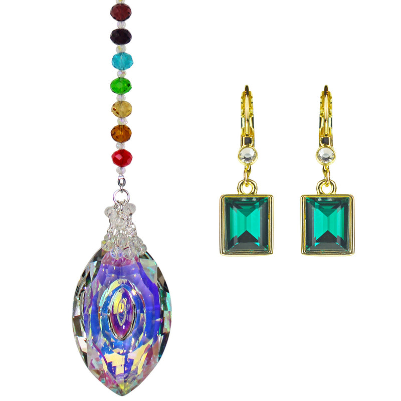 Rainbow Bridge Navette Crystal Shimmer With Free Brilliant Emerald Cut Petite Leverback Earrings (Goldtone/Emerald Green)