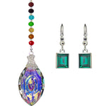 Rainbow Bridge Navette Crystal Shimmer With Free Brilliant Emerald Cut Petite Leverback Earrings (Sterling Silvertone/Emerald Green)