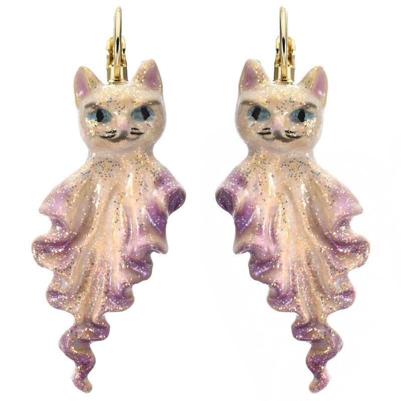 Ghost Kitty Leverback Earrings (Goldtone/White)