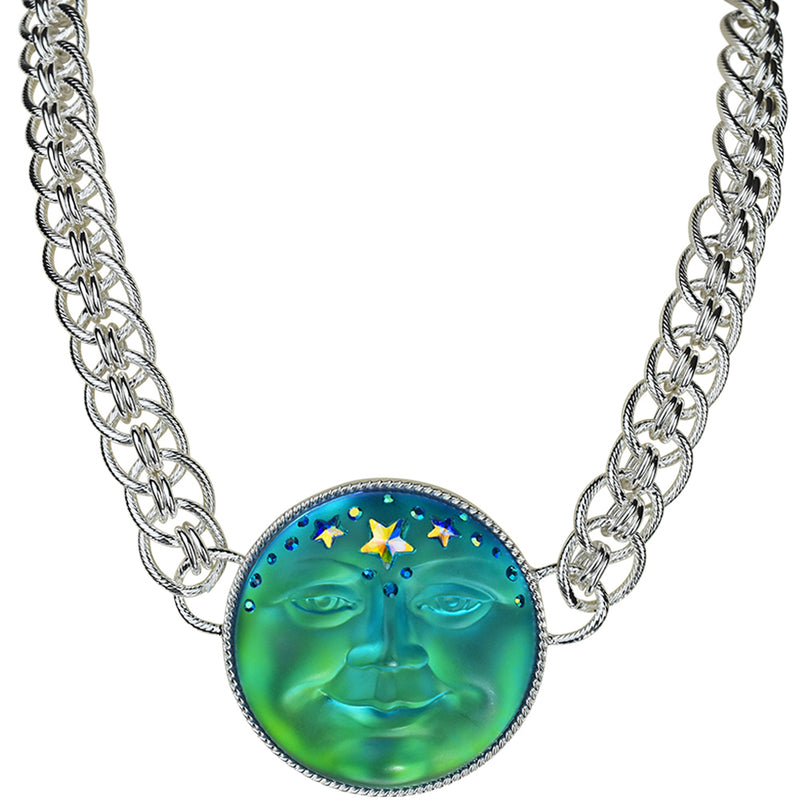 Venus Mystic Seaview Moon 50mm Status Chain Necklace (Sterling Silvertone/Mystic Blue Sphinx)