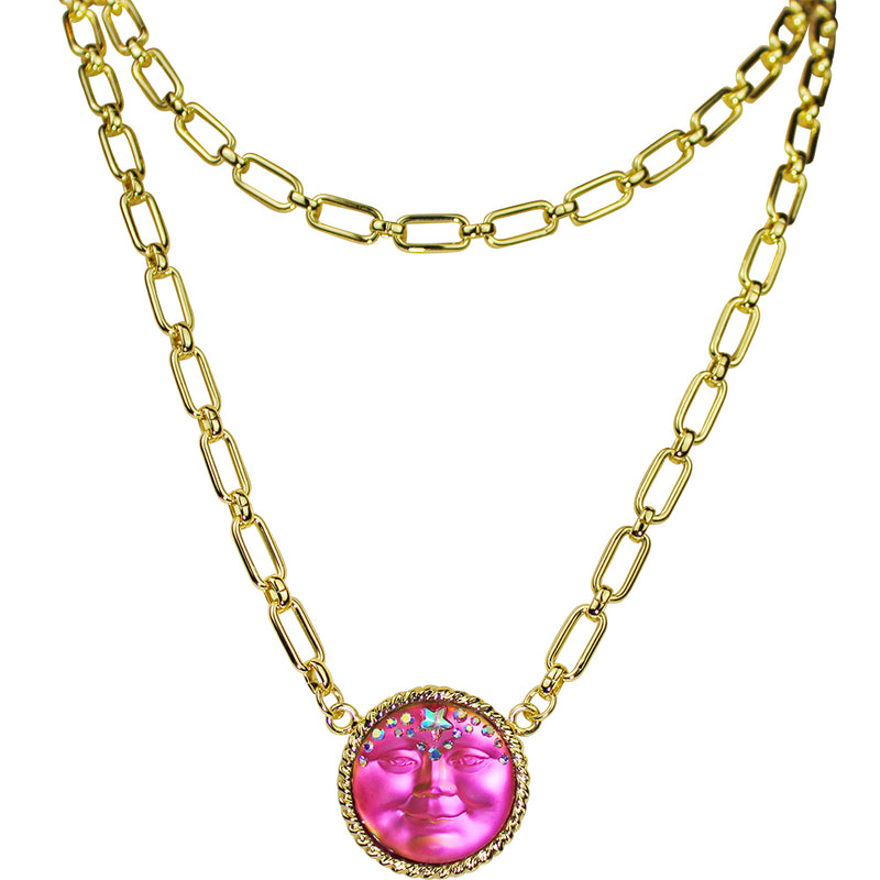 "One Of A Kind" Mystic Seaview Moon Double Chain Necklace with Magnetic Closure (Goldtone)