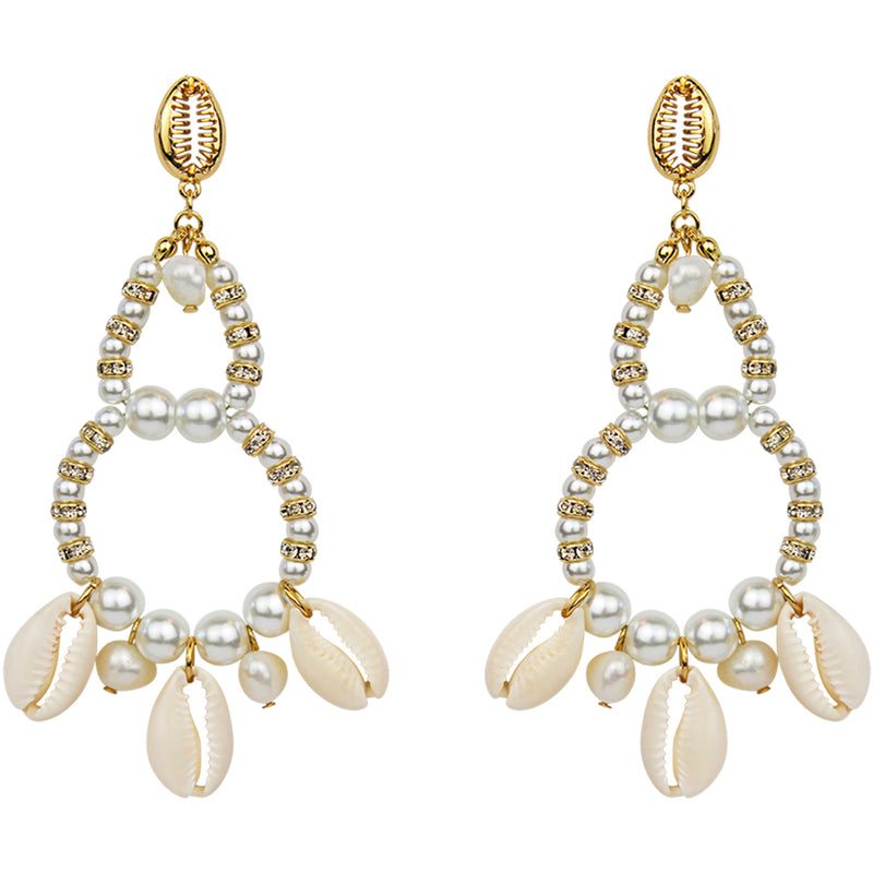 By The Sea Cowrie & Pearl Pierced Earrings (Goldtone)