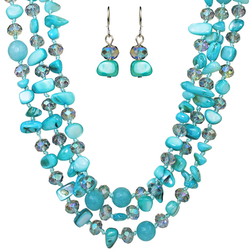 A Chance Romance Turquoise Mother of Pearl 3 Strand Freeform Necklace (Silvertone)