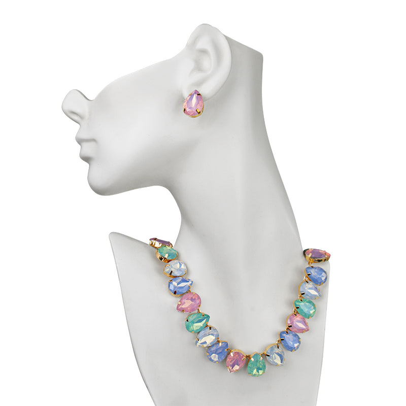 Teardrop Treasures Necklace Pierced Earrings Set (Goldtone/Multi Mystical Pastel)