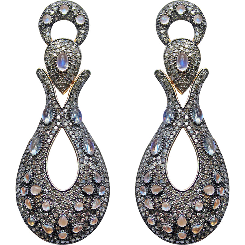 Rainbow Moonstone and Diamond Queen Of The Night Pierced Earrings