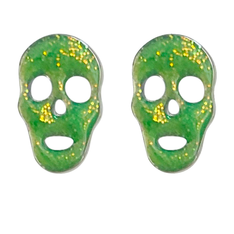 "One Of A Kind" Sparkle Skull Pierced Earrings (Silvertone/Green)