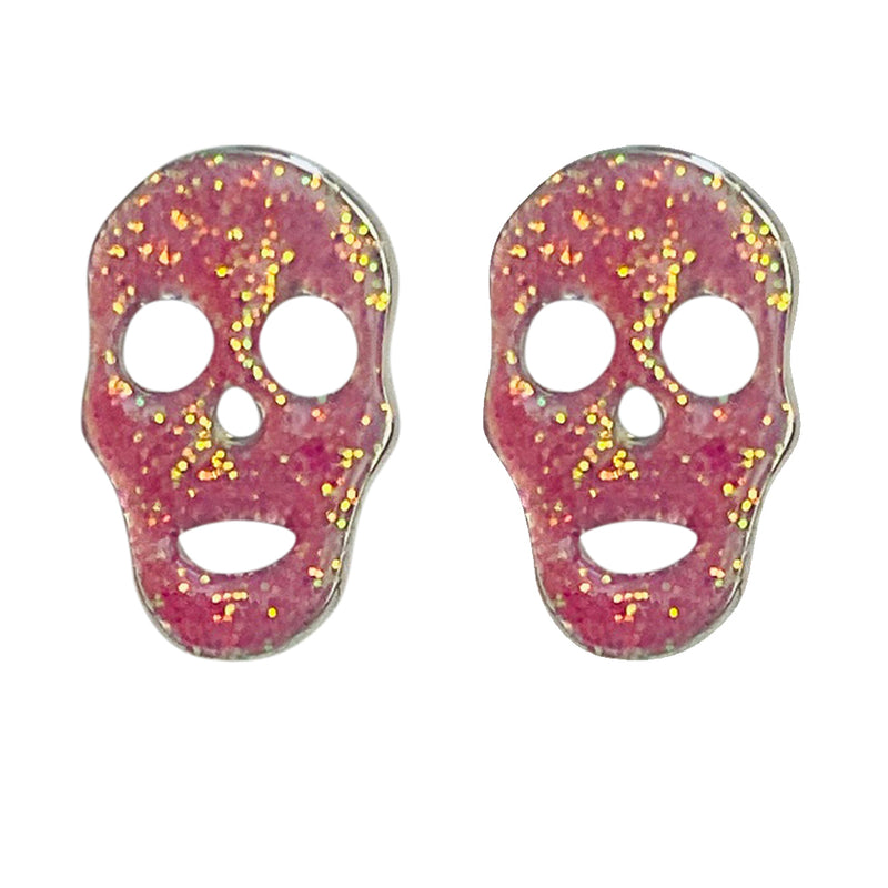 "One Of A Kind" Sparkle Skull Pierced Earrings (Silvertone/Pink)