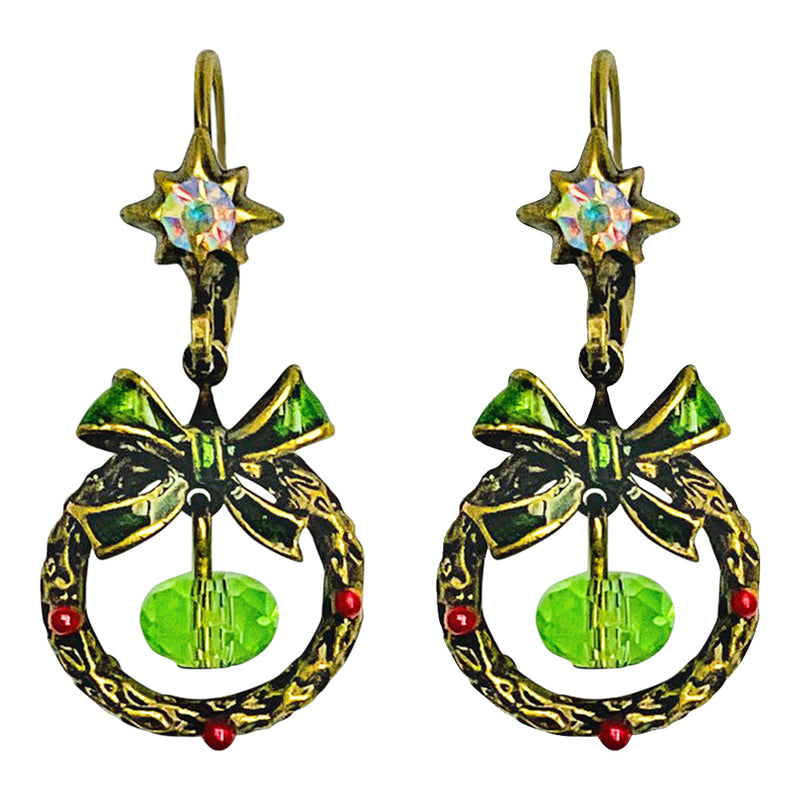 "One Of A Kind" Happy Holiday Wreath Leverback Earrings (Brass Ox)
