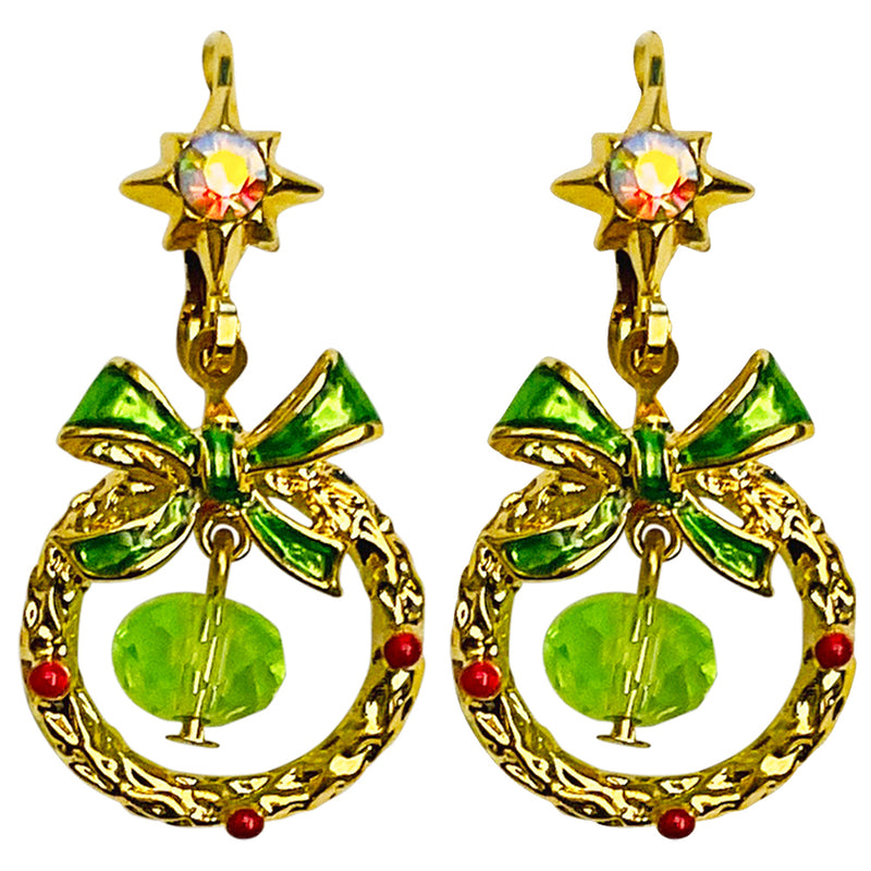 "One Of A Kind" Happy Holiday Wreath Leverback Earrings (Goldtone)