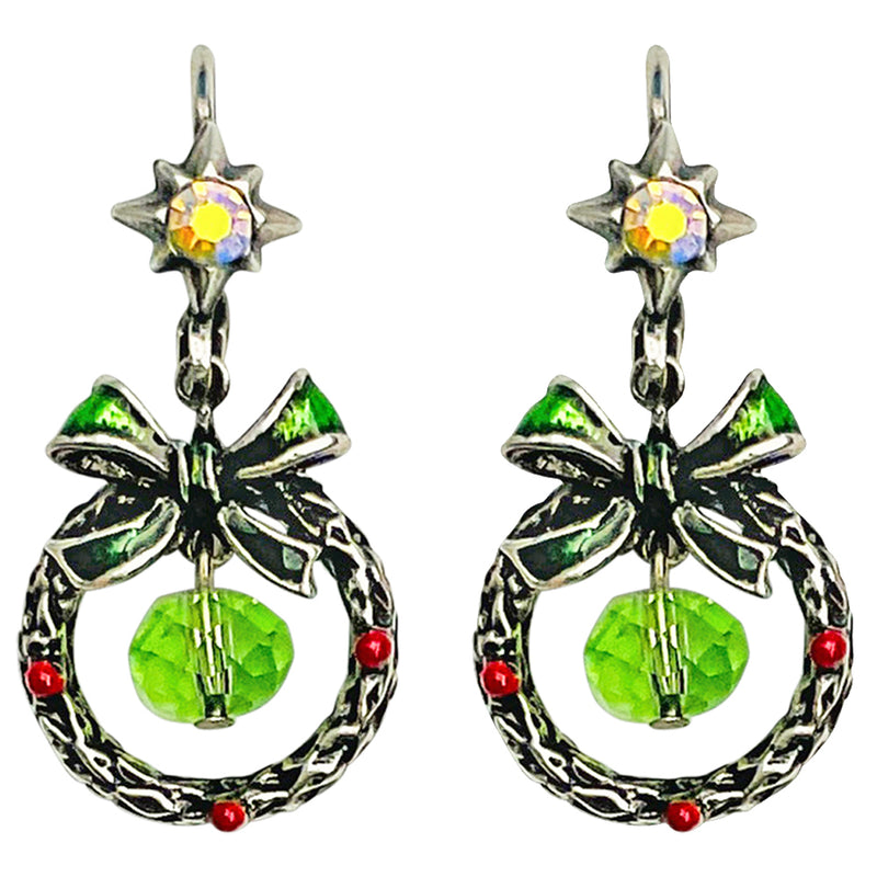 "One Of A Kind" Happy Holiday Wreath Leverback Earrings (Silver Ox)