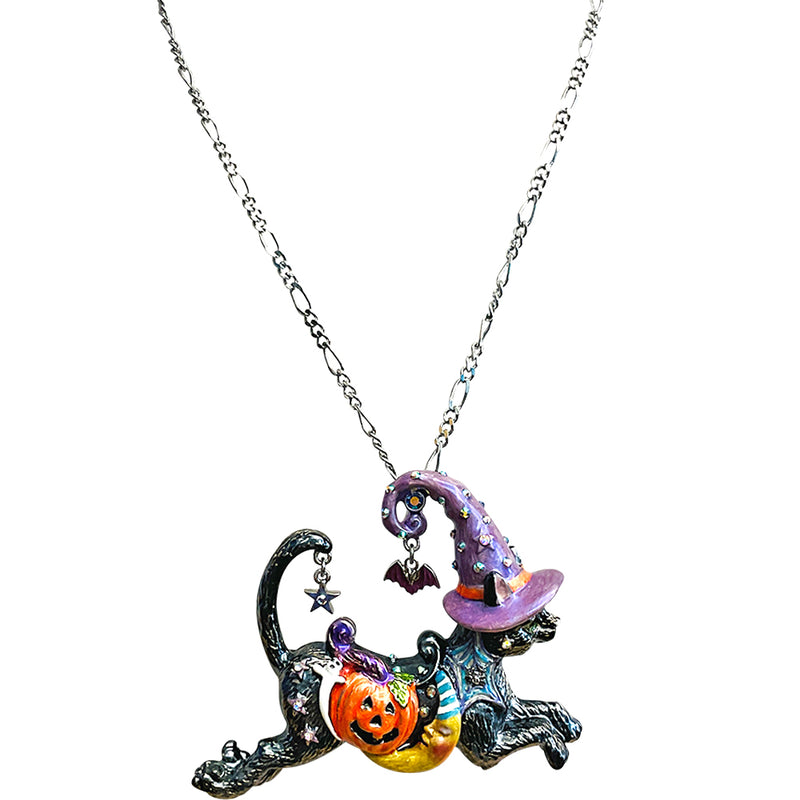 Salem Carousel Cat Pin Pendant With Necklace (Silvertone)