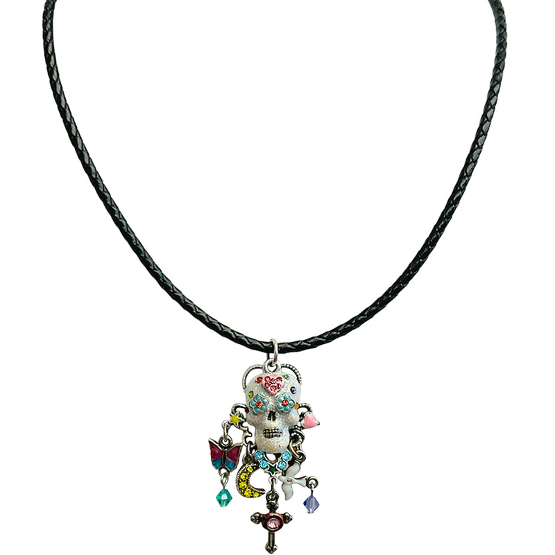"One Of A Kind" Sugar Skull Cord Necklace (Silvertone)