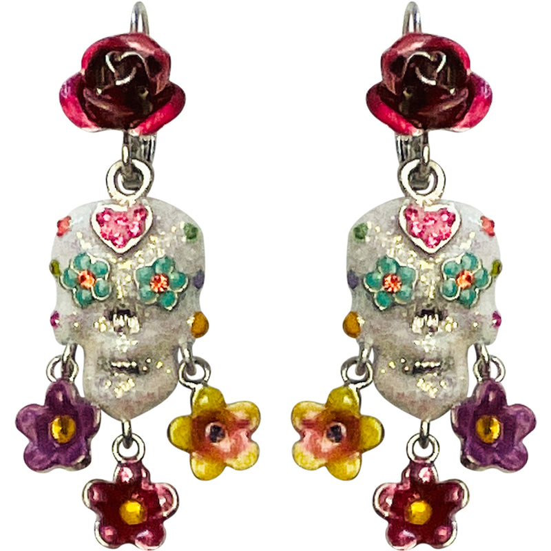 Sugar Skull Flower Leverback Earrings (Silvertone)