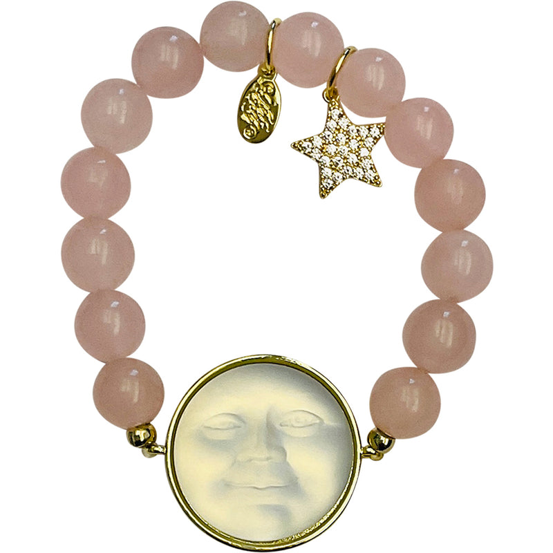 "One Of A Kind" Glass Seaview Moon Rose Quartz Starlight Stretch Bracelet (Goldtone)