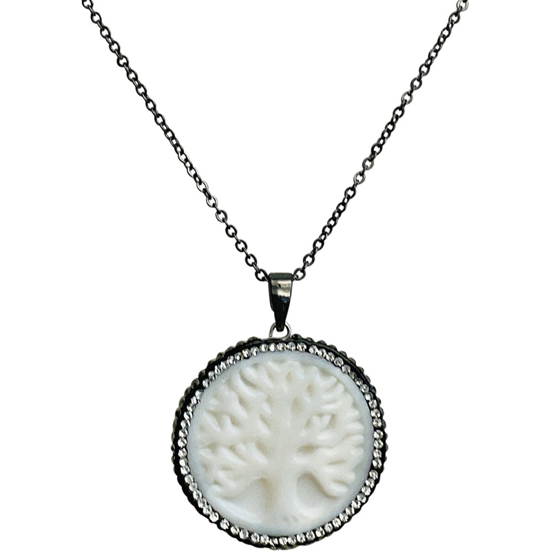 "One Of A Kind" Mother Of Pearl Tree Of Life Penant With Chain Necklace (Hematite)