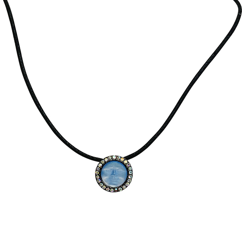 Glass Seaview Moon Cord Necklace (Silvertone/Lt. Sapphire)