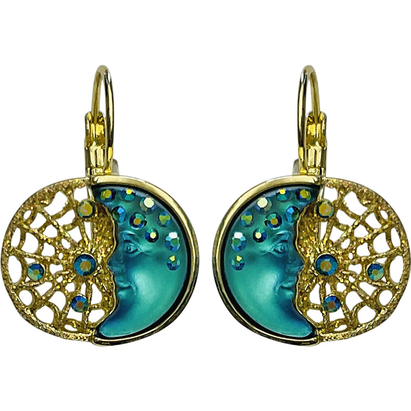 "One Of A Kind" Goddess Moon Shadow Dreamcatcher Leverback Earrings (Goldtone/Mystic Blue Sphinx)