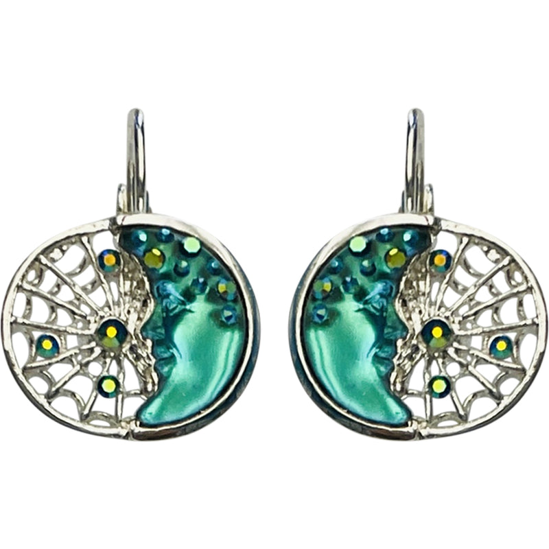 "One Of A Kind" Goddess Moon Shadow Dreamcatcher Leverback Earrings (Sterling Silvertone/Mystic Blue Sphinx)