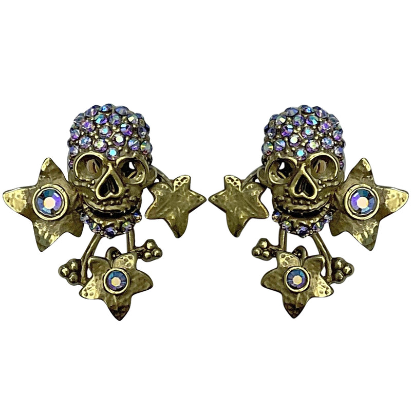 "One Of A Kind" Ivy Skull Pierced Earrings (Brass Ox)