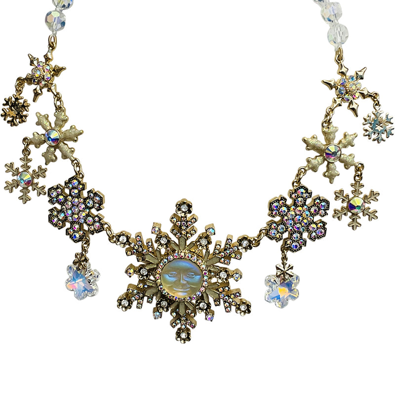 "One Of A Kind" Snow Flurries Glass Seaview Moon Necklace (Goldtone)
