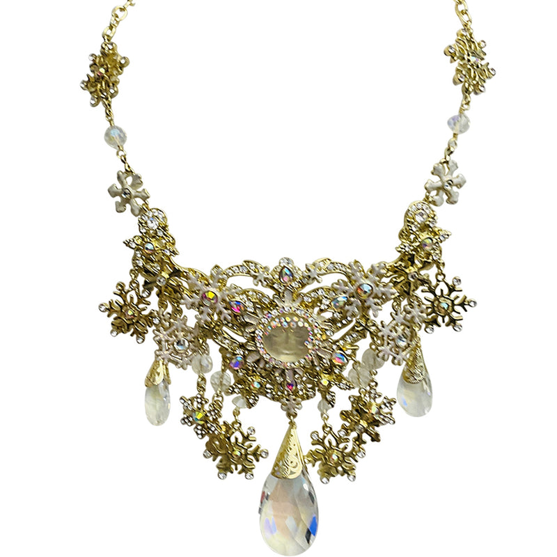 "One Of A Kind" Couture Snow Flurries Glass Seaview Moon Statement Necklace (Goldtone)