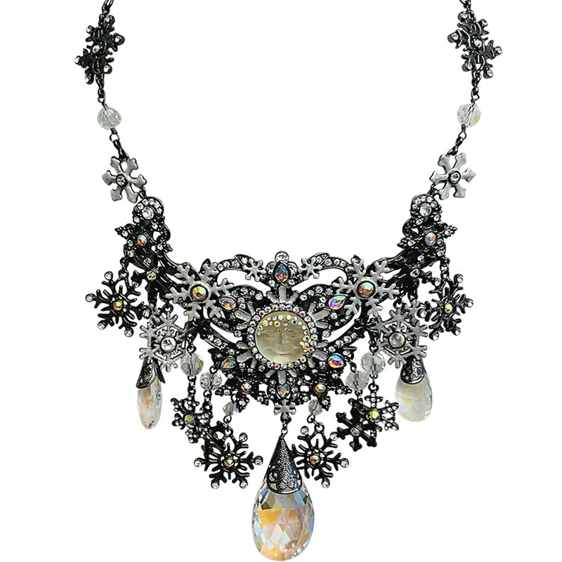 "One Of A Kind" Couture Snow Flurries Glass Seaview Moon Statement Necklace (Hematite)