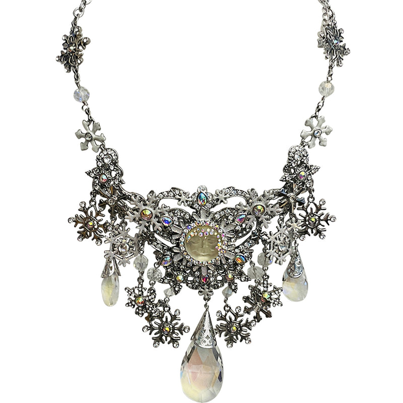 "One Of A Kind" Couture Snow Flurries Glass Seaview Moon Statement Necklace (Silver Ox)