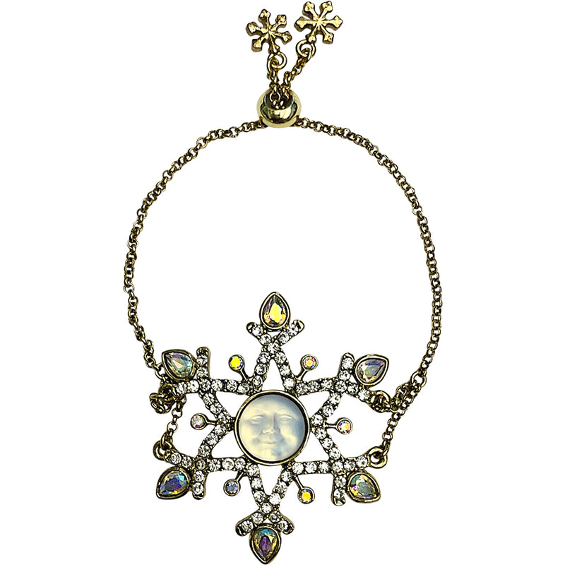 "One Of A Kind" Couture Snow Flurries Glass Seaview Moon Pull Bracelet (Goldtone)