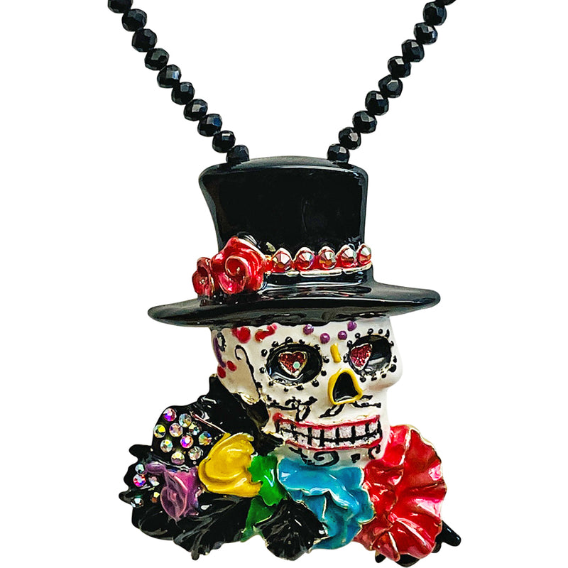 "One Of A Kind" Mr. Bones Sugar Skull Pin Pendant With Beaded Necklace (Goldtone)