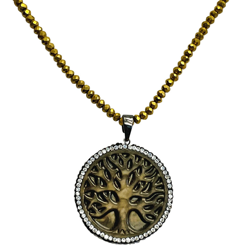 "One Of A Kind" Mother Of Pearl Tree Of Life Penant With Gold Faceted Beaded Necklace (Hematite)