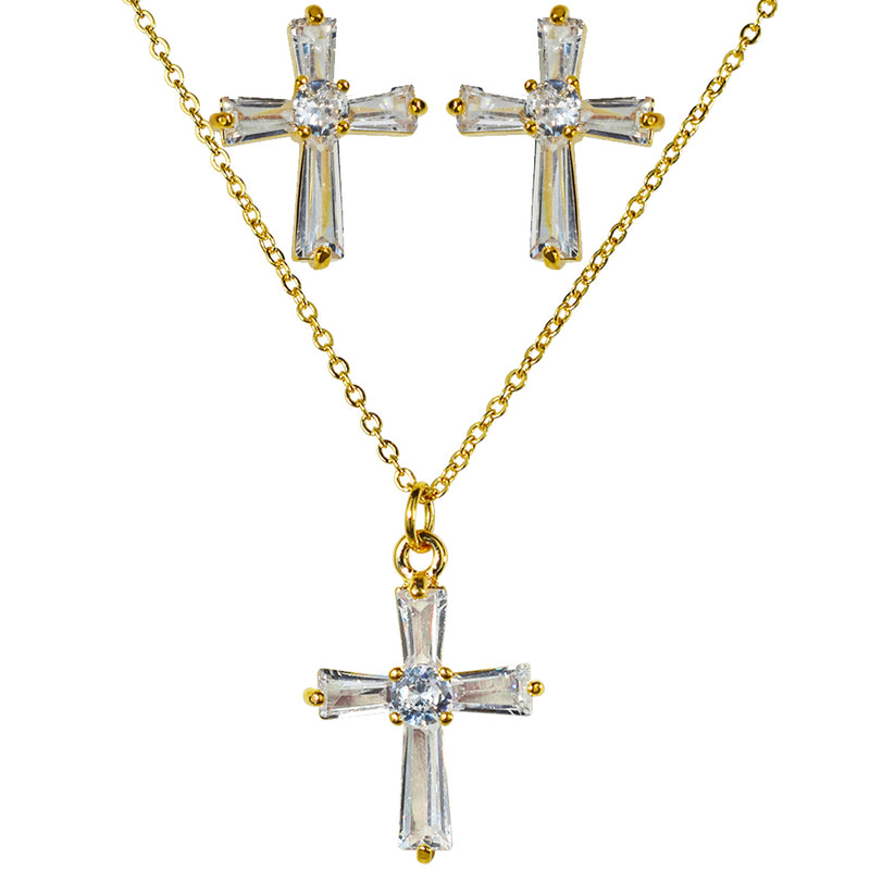 Crystal CZ Blessing Cross Necklace & Earrings Set (Goldtone)
