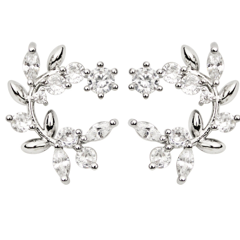 Crystal CZ Marquise Leaf Pierced Stud Earrings (Silvertone)