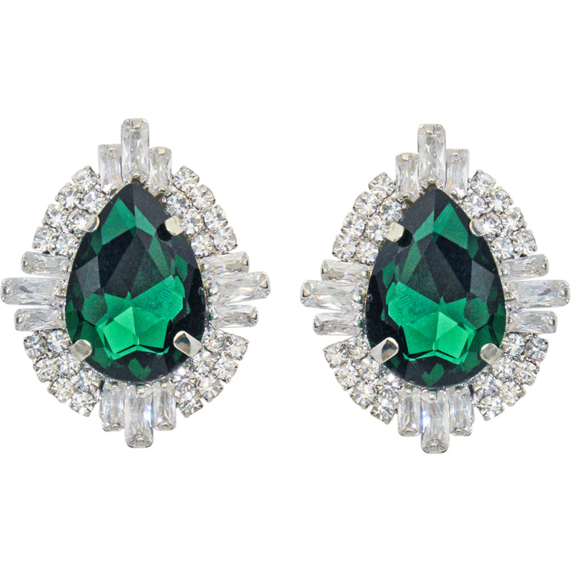 Divine CZ Teardrop Pierced Earrings (Sterling Silvertone/Emerald)